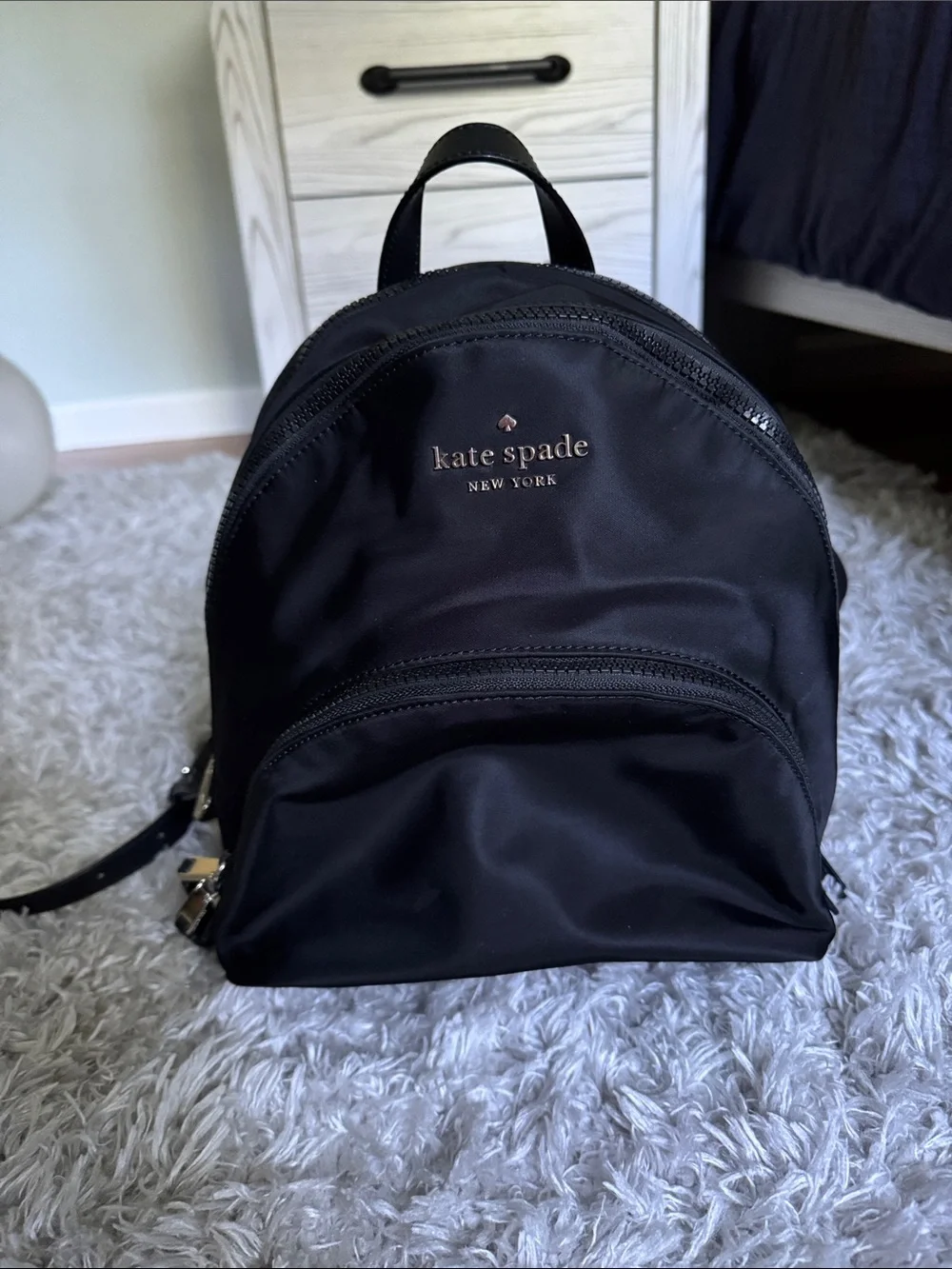 NWOT kate spade black nylon mini backpack with gold logo